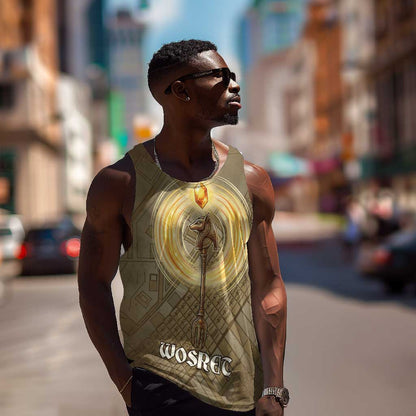 Wosret Egyptian Men Tank Top with Golden Scepter and Archer Motif in Ancient Protector