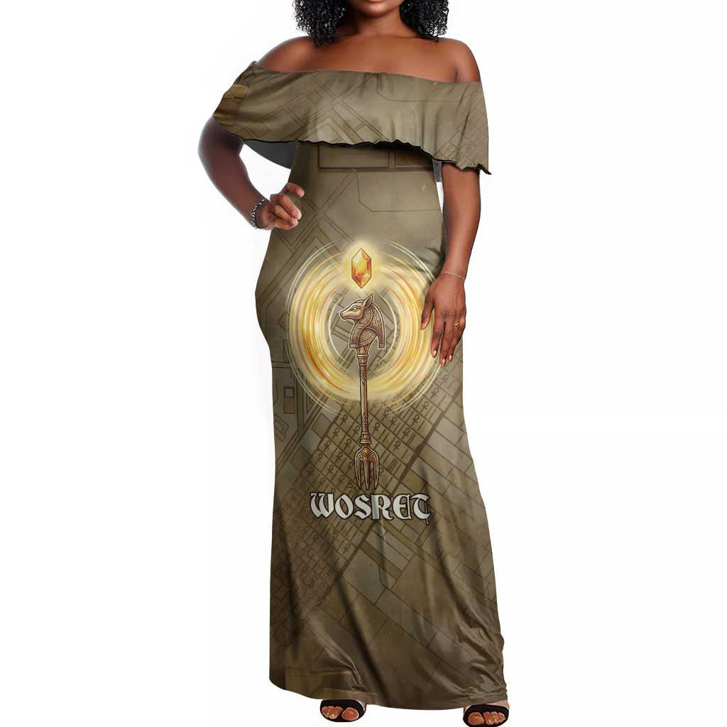 Wosret Egyptian Off Shoulder Maxi Dress with Golden Scepter and Archer Motif in Ancient Protector