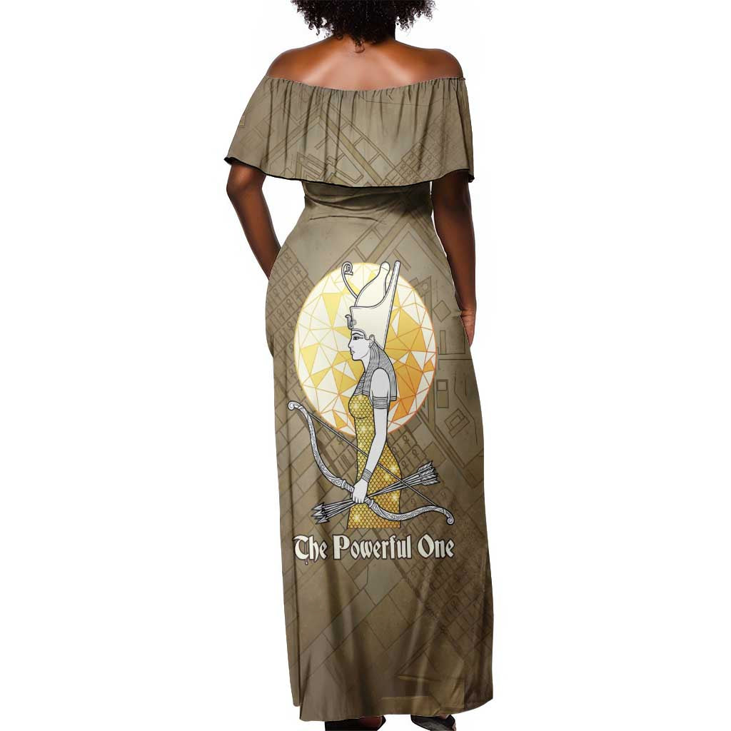 Wosret Egyptian Off Shoulder Maxi Dress with Golden Scepter and Archer Motif in Ancient Protector