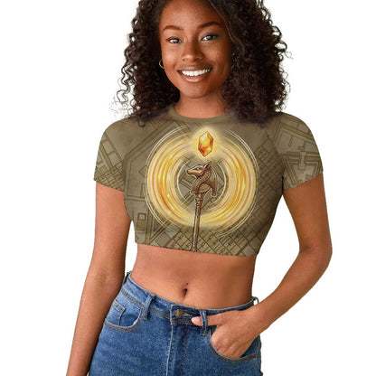 Wosret Egyptian Raglan Cropped T shirt with Golden Scepter and Archer Motif in Ancient Protector