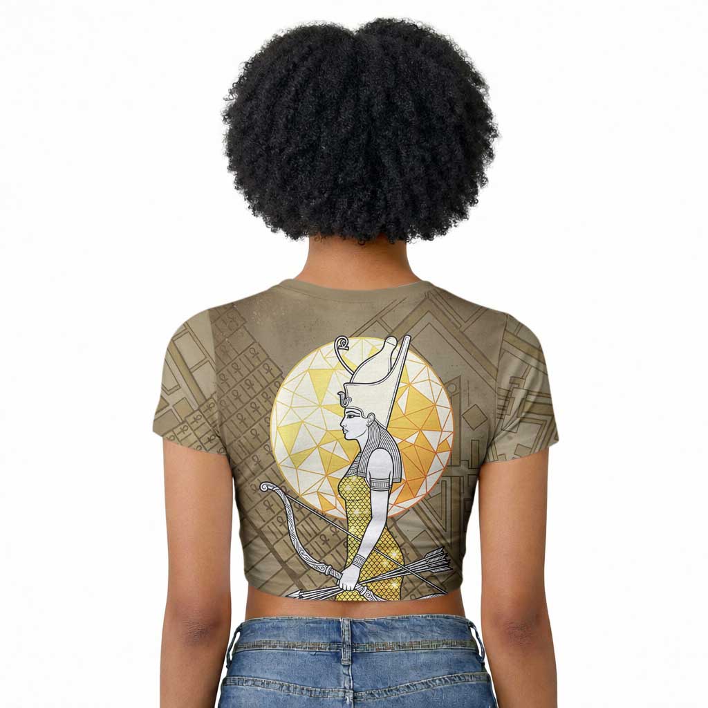 Wosret Egyptian Raglan Cropped T shirt with Golden Scepter and Archer Motif in Ancient Protector