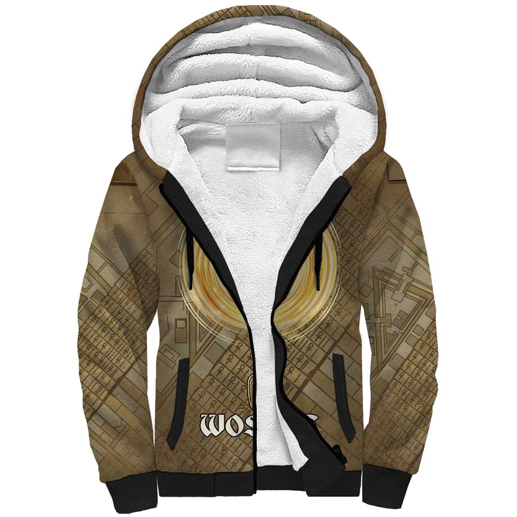 Wosret Egyptian Sherpa Hoodie with Golden Scepter and Archer Motif in Ancient Protector