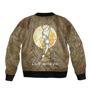 Wosret Egyptian Sleeve Zip Bomber Jacket with Golden Scepter and Archer Motif in Ancient Protector
