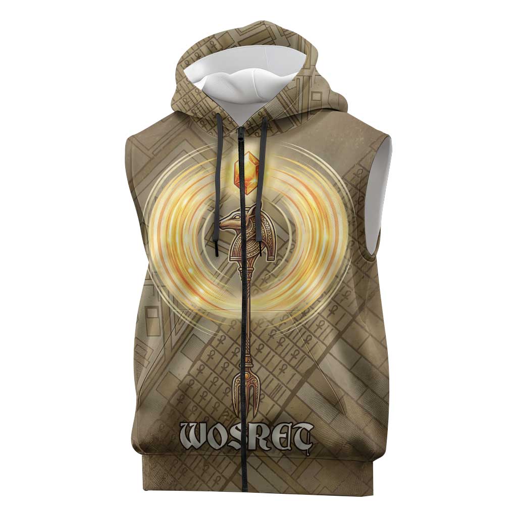 Wosret Egyptian Sleeveless Zip Hoodie with Golden Scepter and Archer Motif in Ancient Protector
