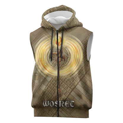 Wosret Egyptian Sleeveless Zip Hoodie with Golden Scepter and Archer Motif in Ancient Protector