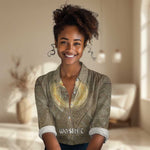 Wosret Egyptian Women Casual Shirt with Golden Scepter and Archer Motif in Ancient Protector