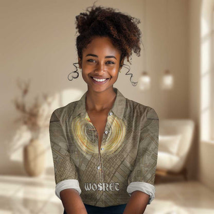 Wosret Egyptian Women Casual Shirt with Golden Scepter and Archer Motif in Ancient Protector