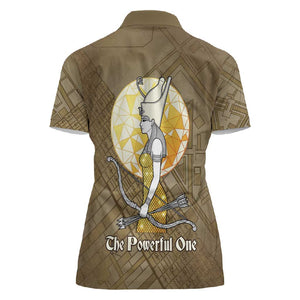 Wosret Egyptian Women Polo Shirt with Golden Scepter and Archer Motif in Ancient Protector