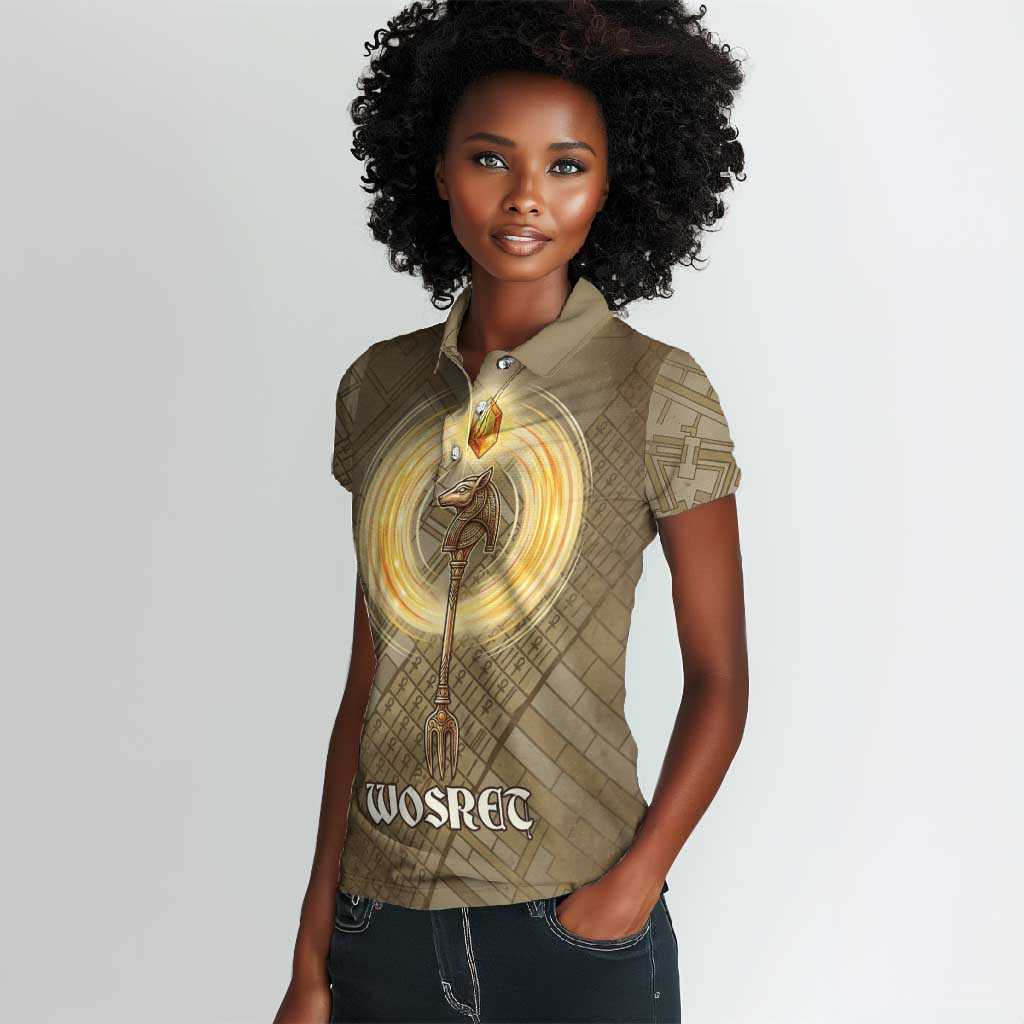 Wosret Egyptian Women Polo Shirt with Golden Scepter and Archer Motif in Ancient Protector