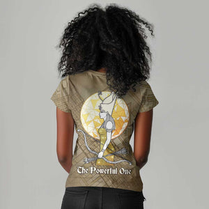 Wosret Egyptian Women V-Neck T-Shirt with Golden Scepter and Archer Motif in Ancient Protector