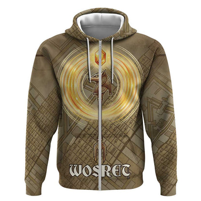 Wosret Egyptian Zip Hoodie with Golden Scepter and Archer Motif in Ancient Protector