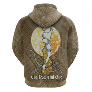 Wosret Egyptian Zip Hoodie with Golden Scepter and Archer Motif in Ancient Protector