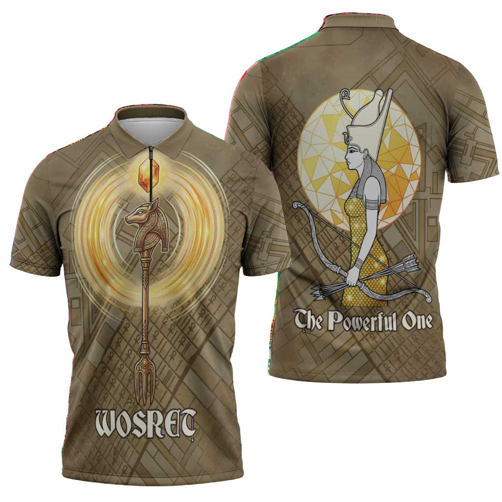 Wosret Egyptian Zipper Polo Shirt with Golden Scepter and Archer Motif in Ancient Protector