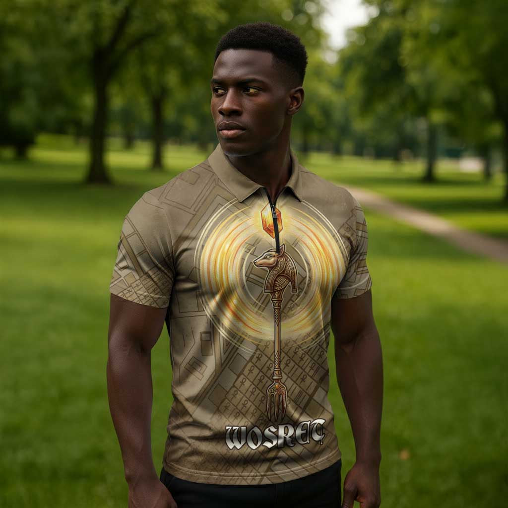 Wosret Egyptian Zipper Polo Shirt with Golden Scepter and Archer Motif in Ancient Protector
