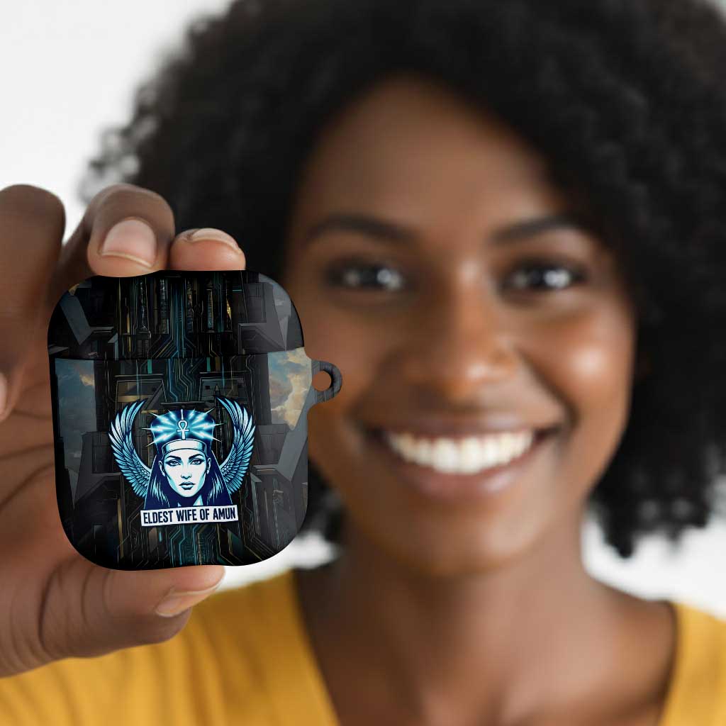Wosret Winged Crown AirPods Case Egyptian Cyber Circuit Design in Futuristic Blue Theme