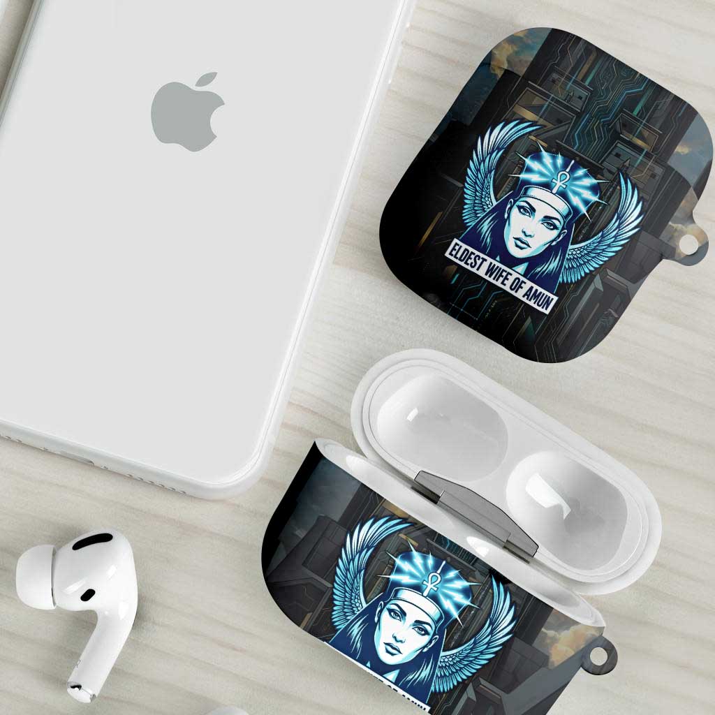 Wosret Winged Crown AirPods Case Egyptian Cyber Circuit Design in Futuristic Blue Theme