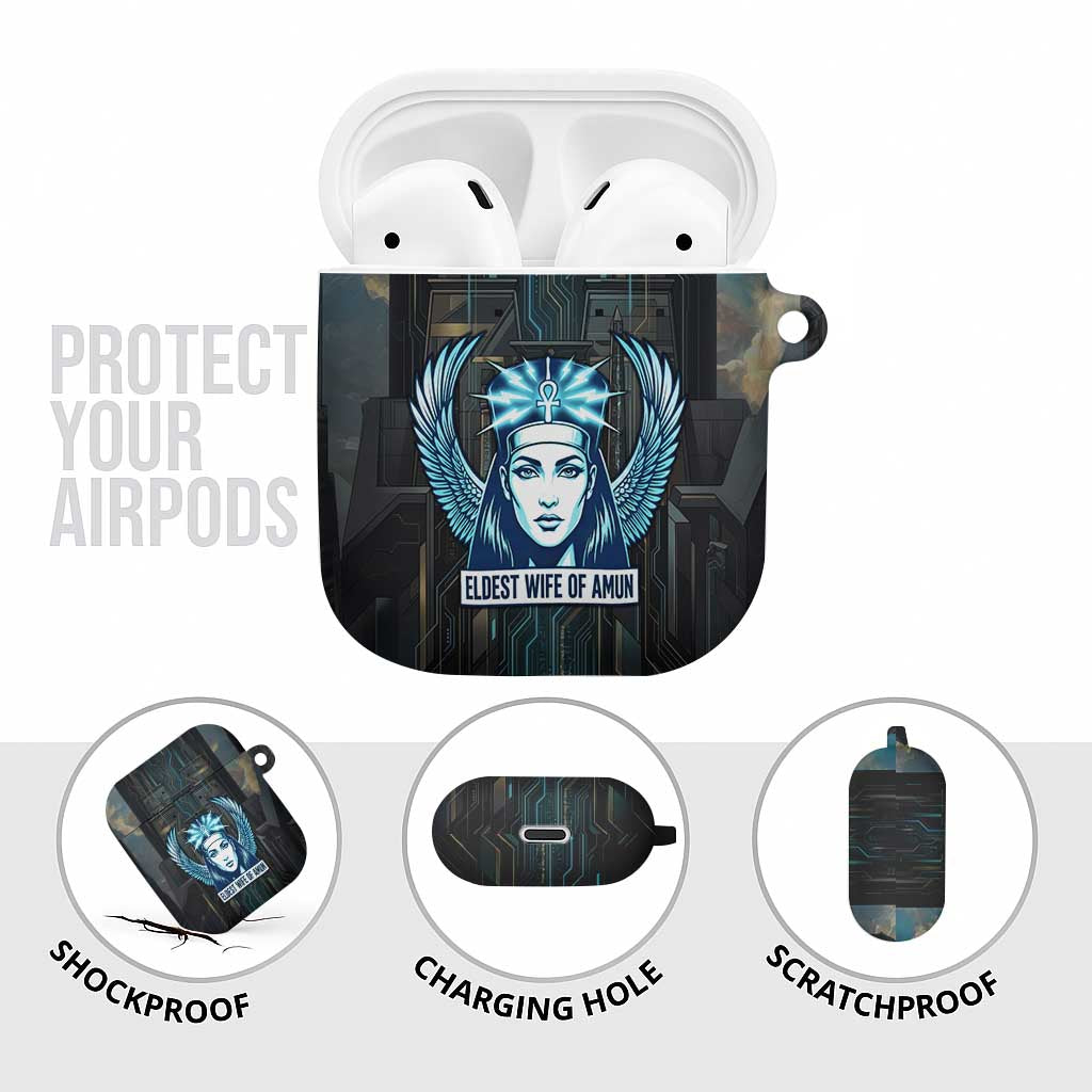 Wosret Winged Crown AirPods Case Egyptian Cyber Circuit Design in Futuristic Blue Theme