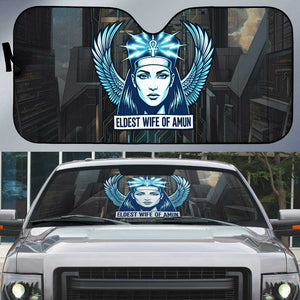 Wosret Winged Crown Auto Sun Shade Egyptian Cyber Circuit Design in Futuristic Blue Theme