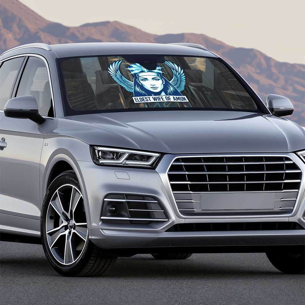 Wosret Winged Crown Auto Sun Shade Egyptian Cyber Circuit Design in Futuristic Blue Theme