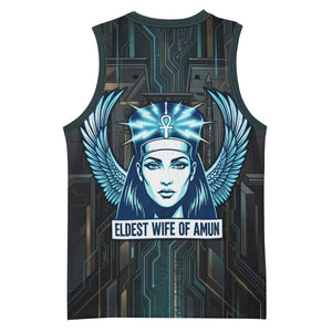 Wosret Winged Crown Basketball Jersey Egyptian Cyber Circuit Design in Futuristic Blue Theme
