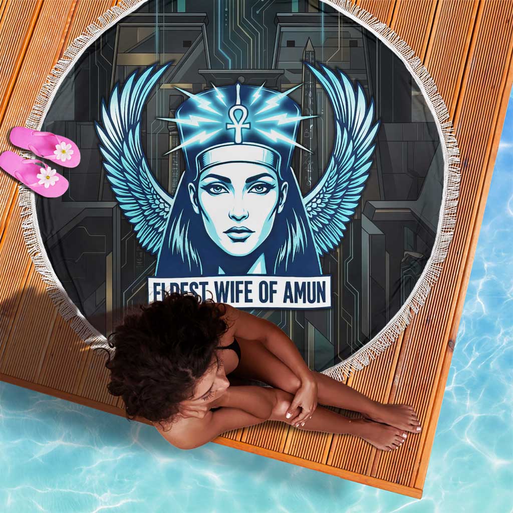 Wosret Winged Crown Beach Blanket Egyptian Cyber Circuit Design in Futuristic Blue Theme