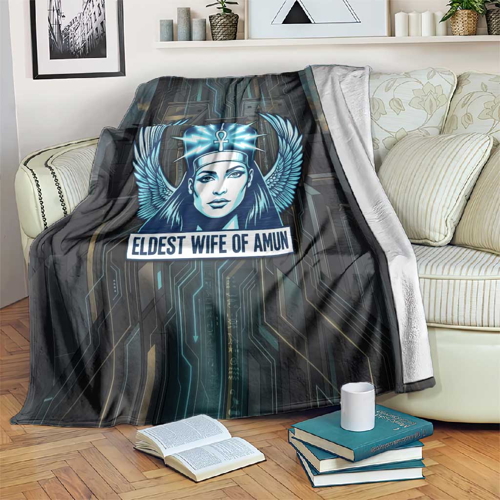 Wosret Winged Crown Blanket Egyptian Cyber Circuit Design in Futuristic Blue Theme