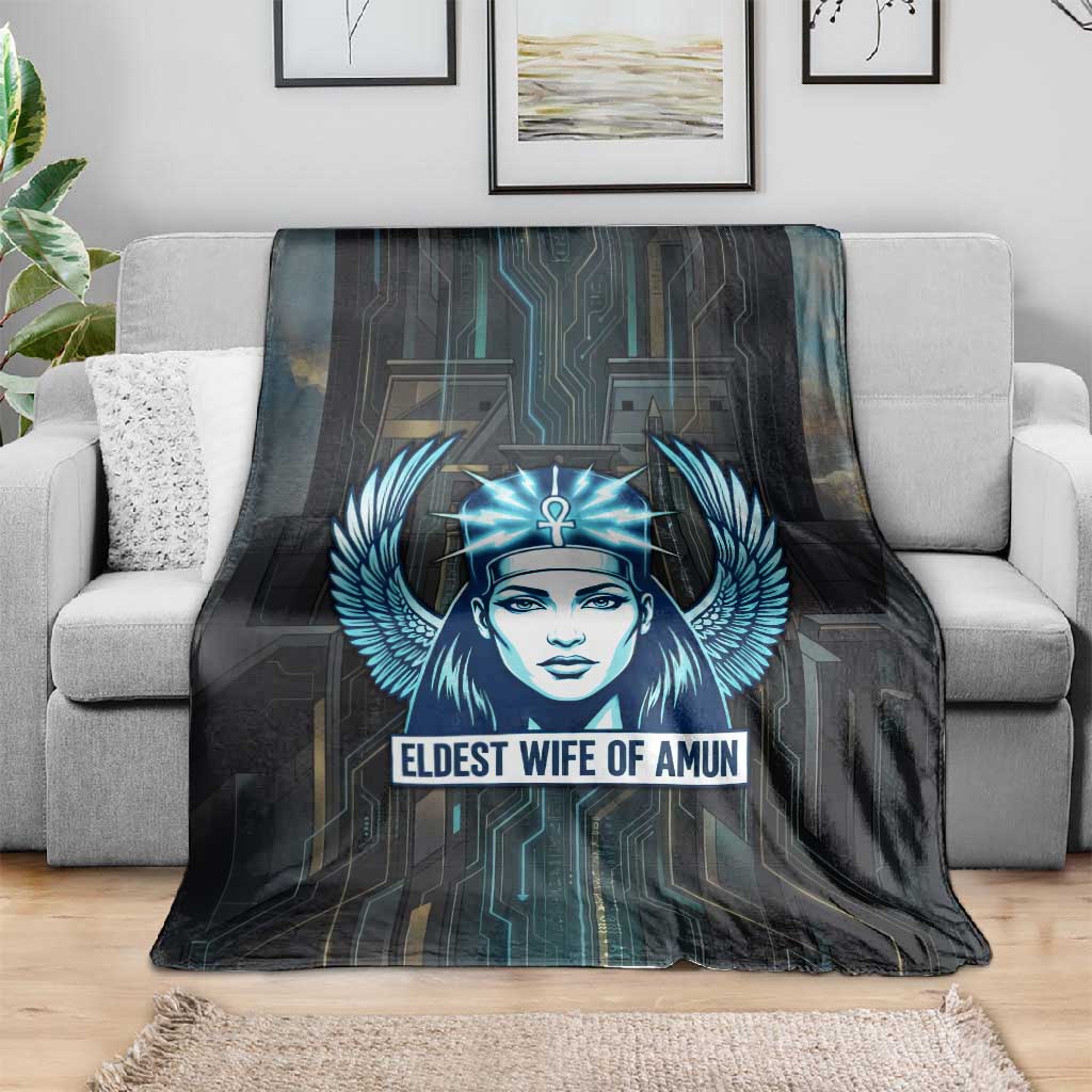 Wosret Winged Crown Blanket Egyptian Cyber Circuit Design in Futuristic Blue Theme