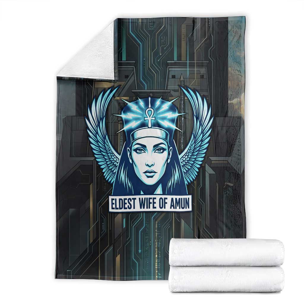 Wosret Winged Crown Blanket Egyptian Cyber Circuit Design in Futuristic Blue Theme