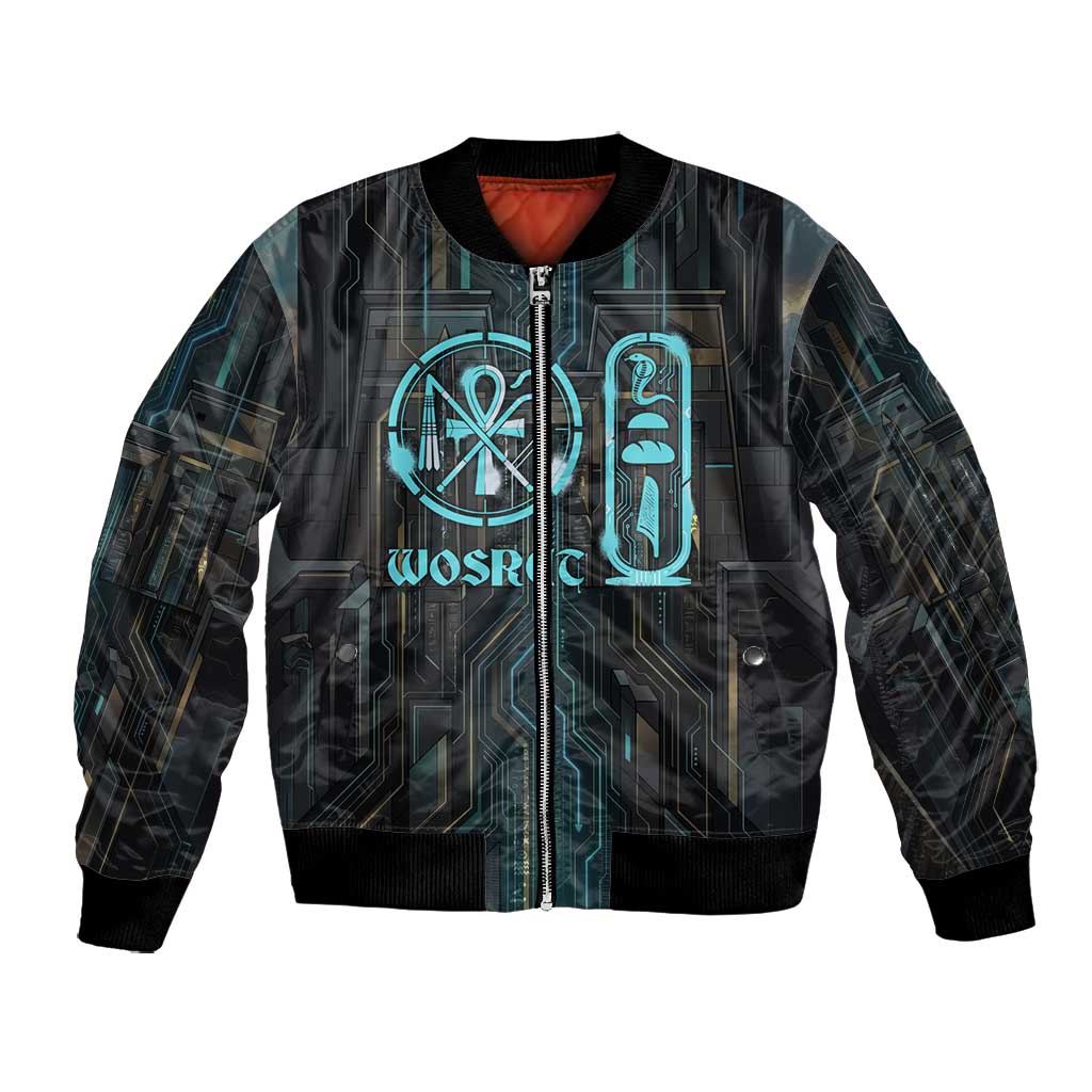 Wosret Winged Crown Bomber Jacket Egyptian Cyber Circuit Design in Futuristic Blue Theme