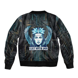 Wosret Winged Crown Bomber Jacket Egyptian Cyber Circuit Design in Futuristic Blue Theme