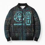 Wosret Winged Crown Bomber Puffer Jacket Egyptian Cyber Circuit Design in Futuristic Blue Theme