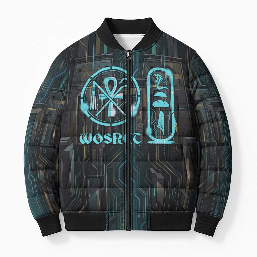 Wosret Winged Crown Bomber Puffer Jacket Egyptian Cyber Circuit Design in Futuristic Blue Theme