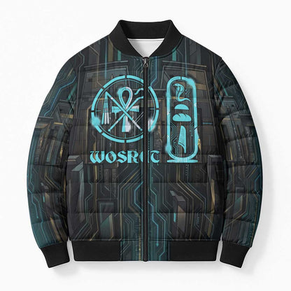 Wosret Winged Crown Bomber Puffer Jacket Egyptian Cyber Circuit Design in Futuristic Blue Theme