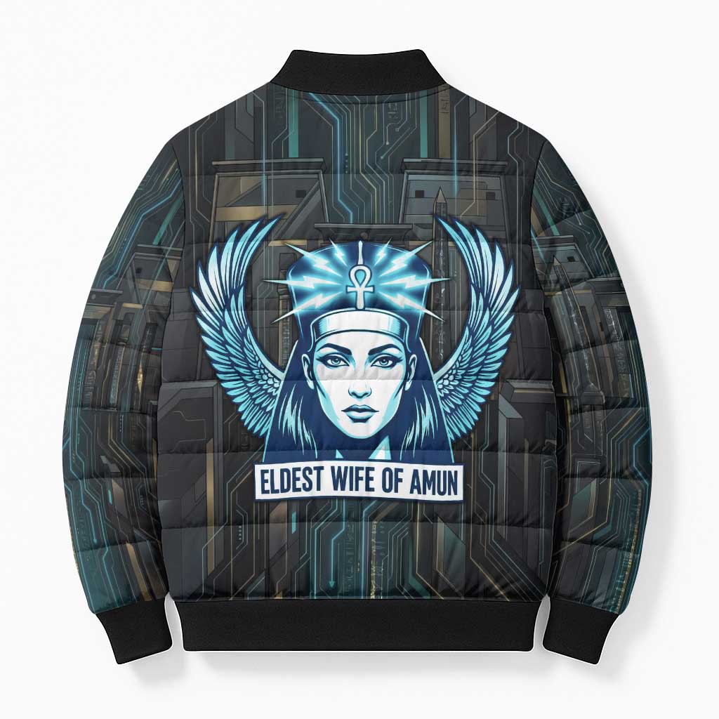 Wosret Winged Crown Bomber Puffer Jacket Egyptian Cyber Circuit Design in Futuristic Blue Theme