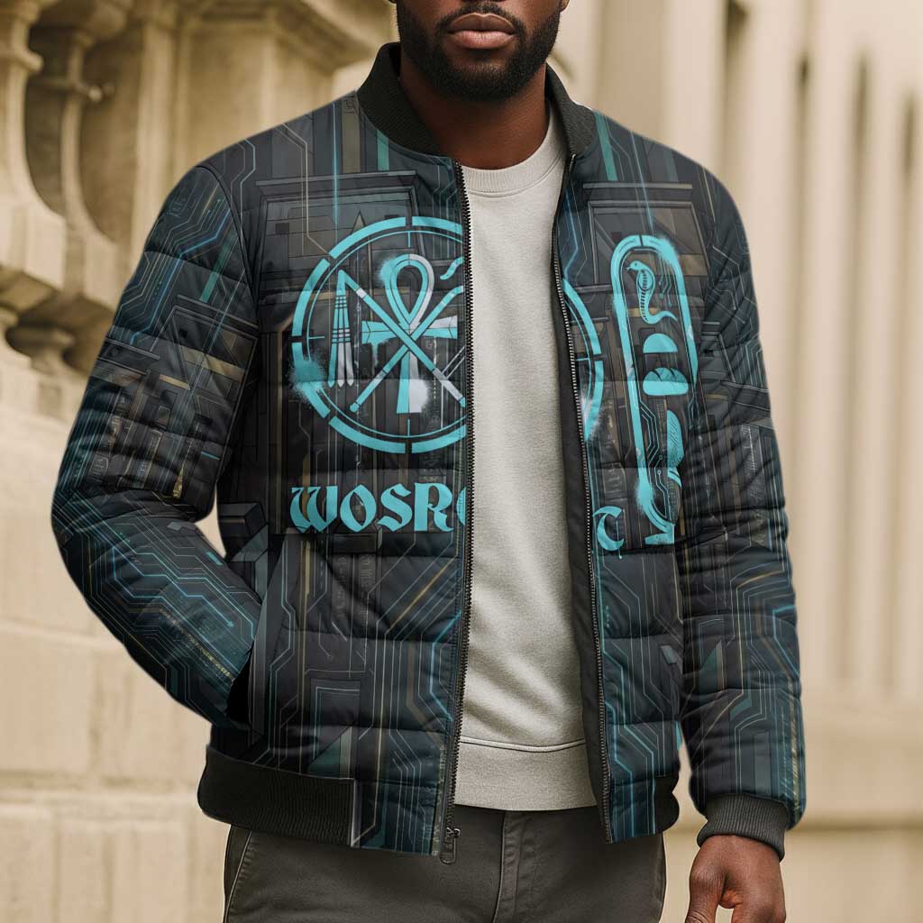 Wosret Winged Crown Bomber Puffer Jacket Egyptian Cyber Circuit Design in Futuristic Blue Theme