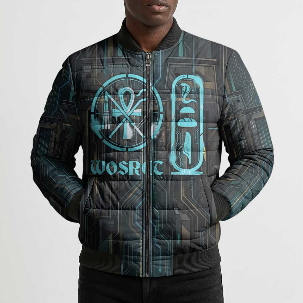 Wosret Winged Crown Bomber Puffer Jacket Egyptian Cyber Circuit Design in Futuristic Blue Theme