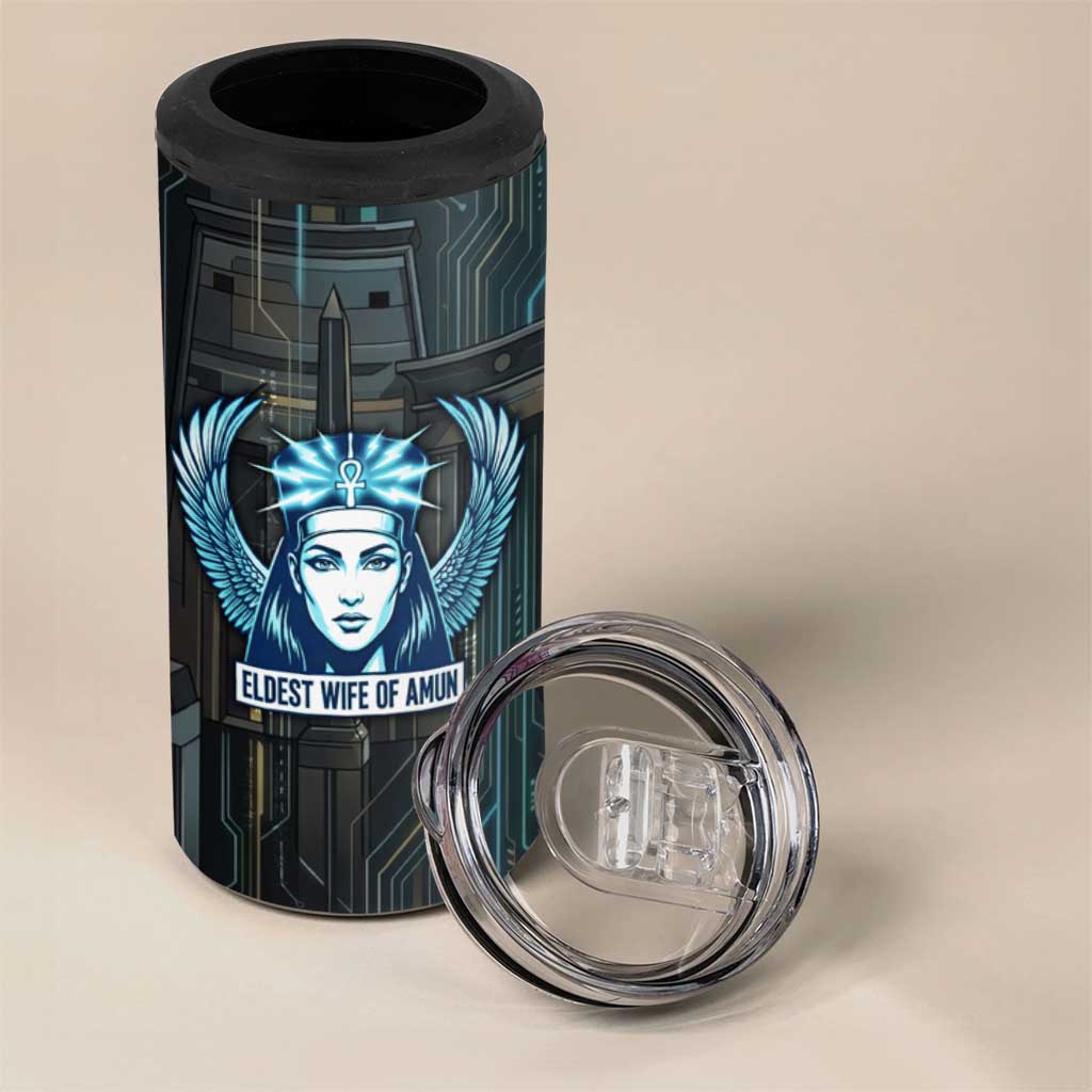Wosret Winged Crown 4 in 1 Can Cooler Tumbler Egyptian Cyber Circuit Design in Futuristic Blue Theme