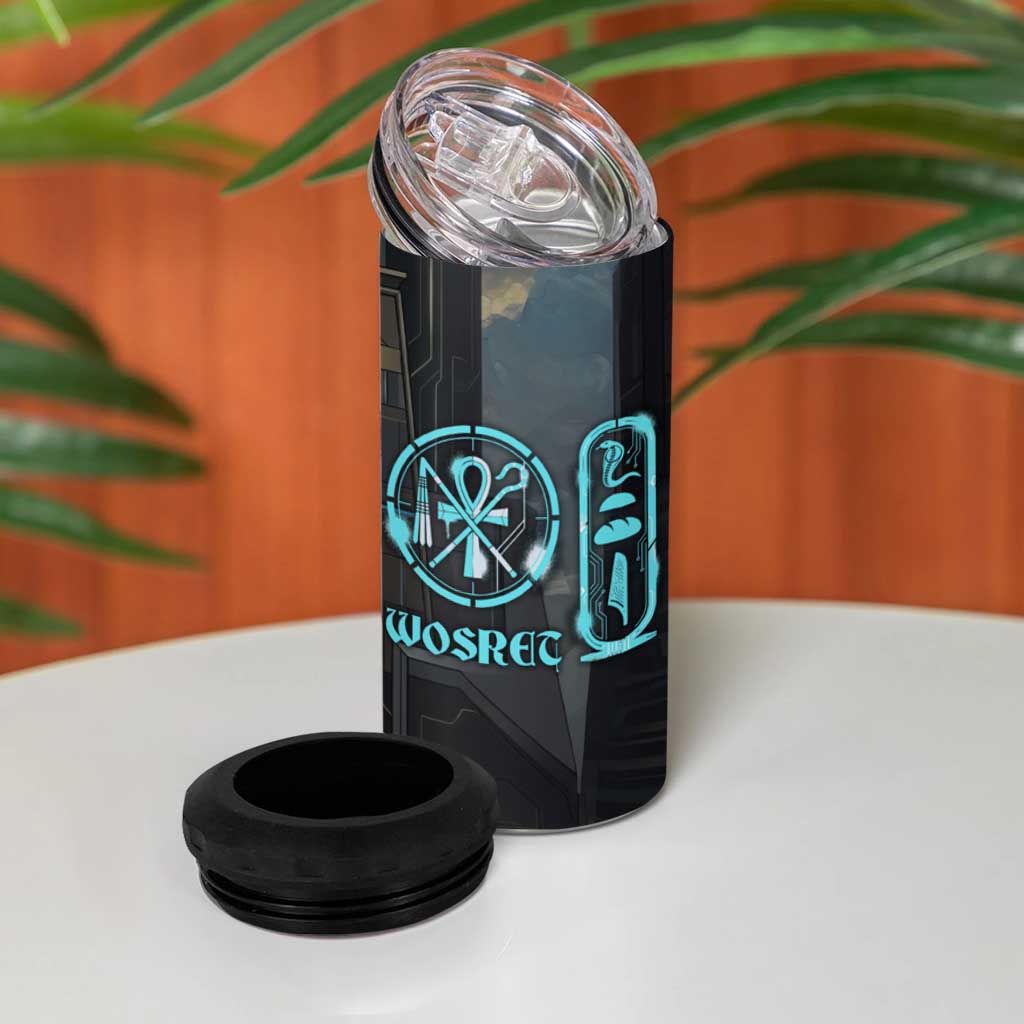 Wosret Winged Crown 4 in 1 Can Cooler Tumbler Egyptian Cyber Circuit Design in Futuristic Blue Theme