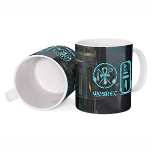 Wosret Winged Crown Ceramic Mug Egyptian Cyber Circuit Design in Futuristic Blue Theme