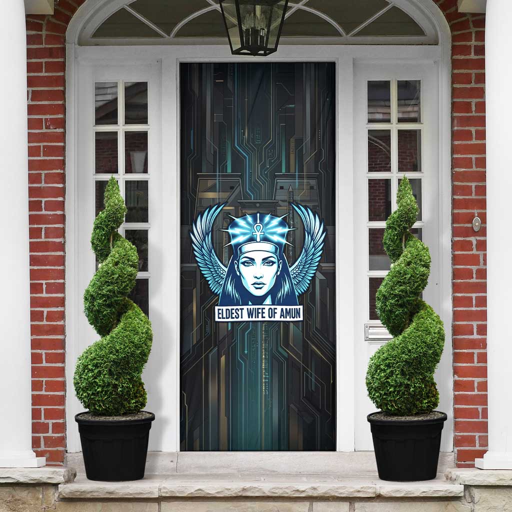 Wosret Winged Crown Door Cover Egyptian Cyber Circuit Design in Futuristic Blue Theme