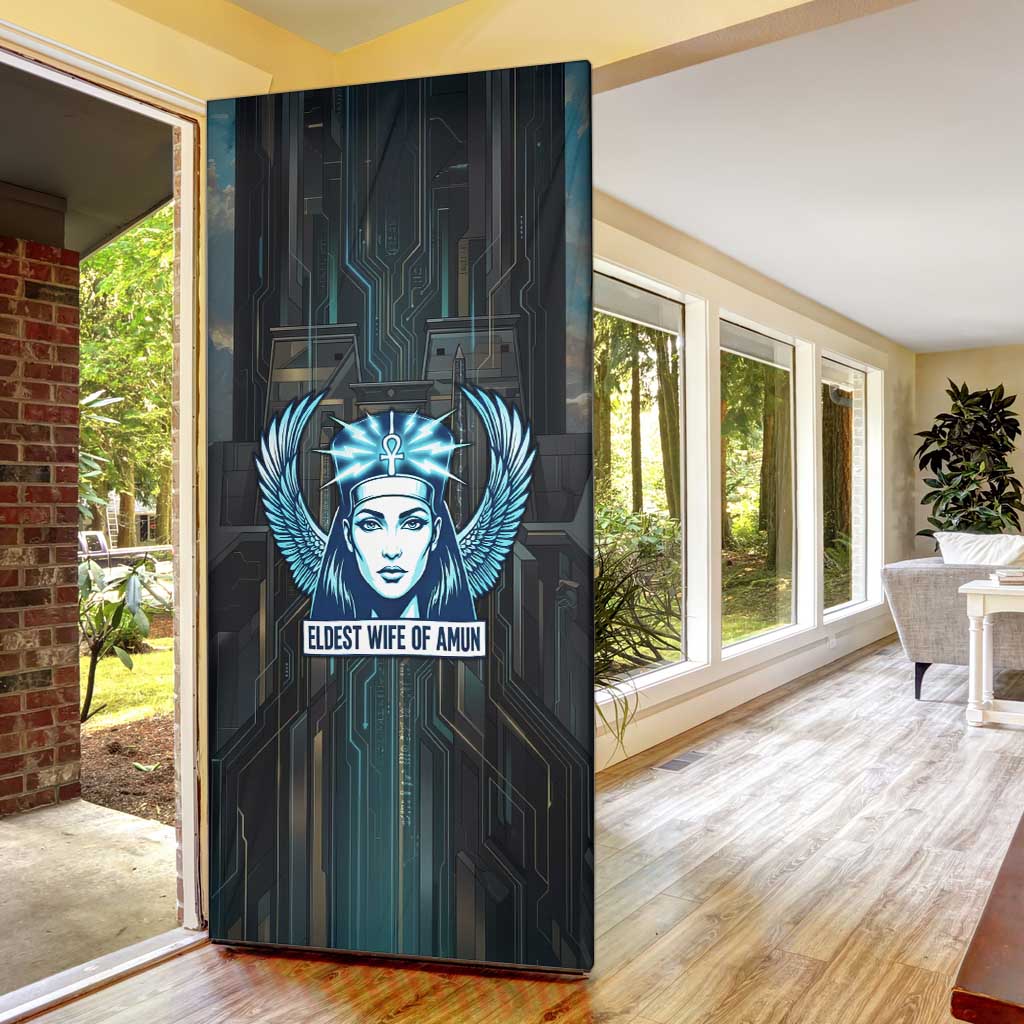 Wosret Winged Crown Door Cover Egyptian Cyber Circuit Design in Futuristic Blue Theme