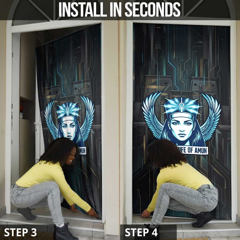 Wosret Winged Crown Door Cover Egyptian Cyber Circuit Design in Futuristic Blue Theme