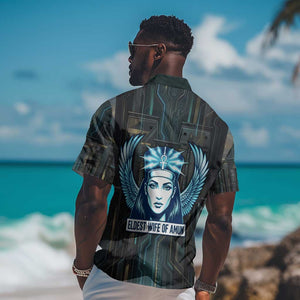 Wosret Winged Crown Hawaiian Shirt Egyptian Cyber Circuit Design in Futuristic Blue Theme