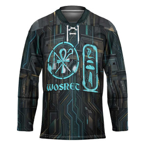 Wosret Winged Crown Hockey Jersey Egyptian Cyber Circuit Design in Futuristic Blue Theme