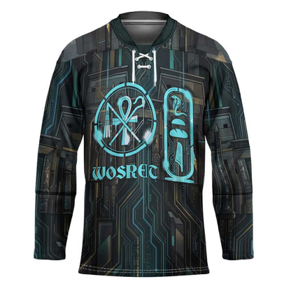 Wosret Winged Crown Hockey Jersey Egyptian Cyber Circuit Design in Futuristic Blue Theme