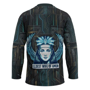 Wosret Winged Crown Hockey Jersey Egyptian Cyber Circuit Design in Futuristic Blue Theme