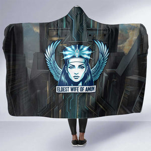 Wosret Winged Crown Hooded Blanket Egyptian Cyber Circuit Design in Futuristic Blue Theme