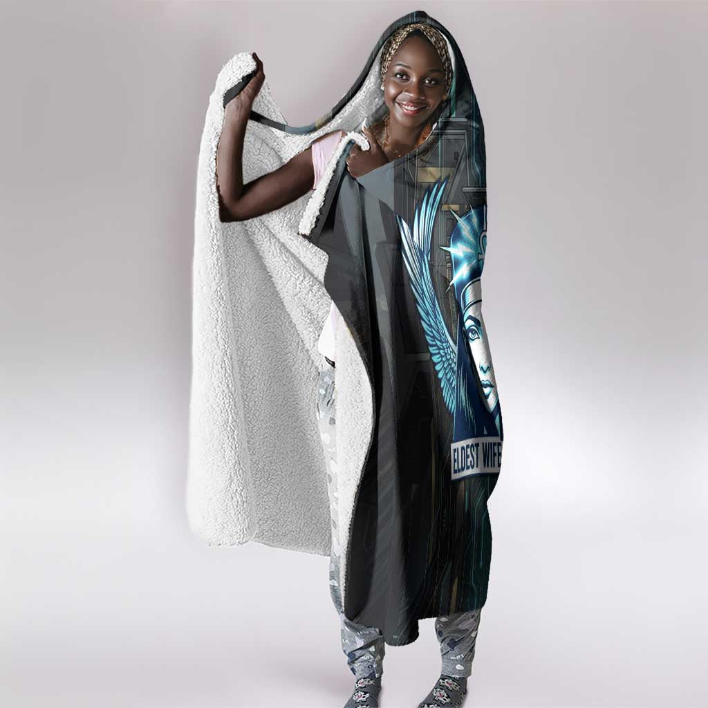 Wosret Winged Crown Hooded Blanket Egyptian Cyber Circuit Design in Futuristic Blue Theme