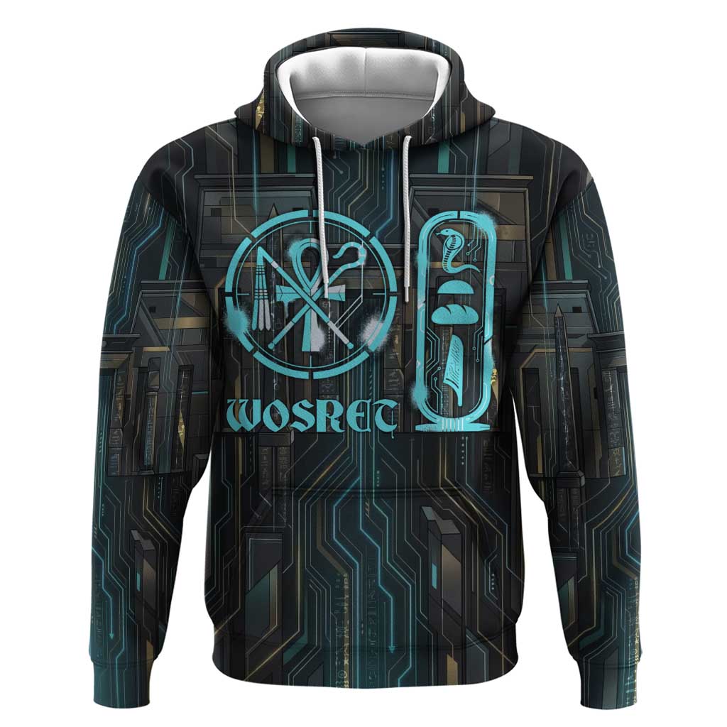 Wosret Winged Crown Hoodie Egyptian Cyber Circuit Design in Futuristic Blue Theme