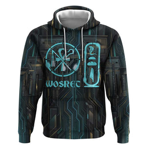 Wosret Winged Crown Hoodie Egyptian Cyber Circuit Design in Futuristic Blue Theme